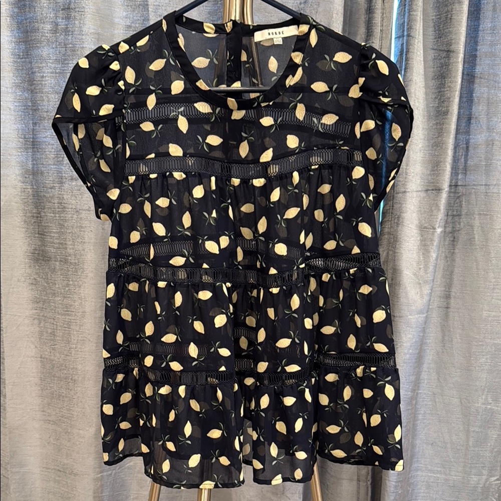 Nordstrom RO&DE Sheer Black Top with Lemon Print